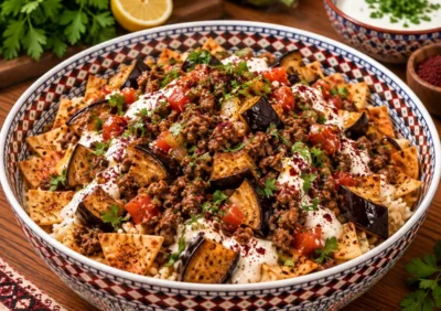 Auberginen-Fatteh mit Hackfleisch von Masoud Catering in Freiburg